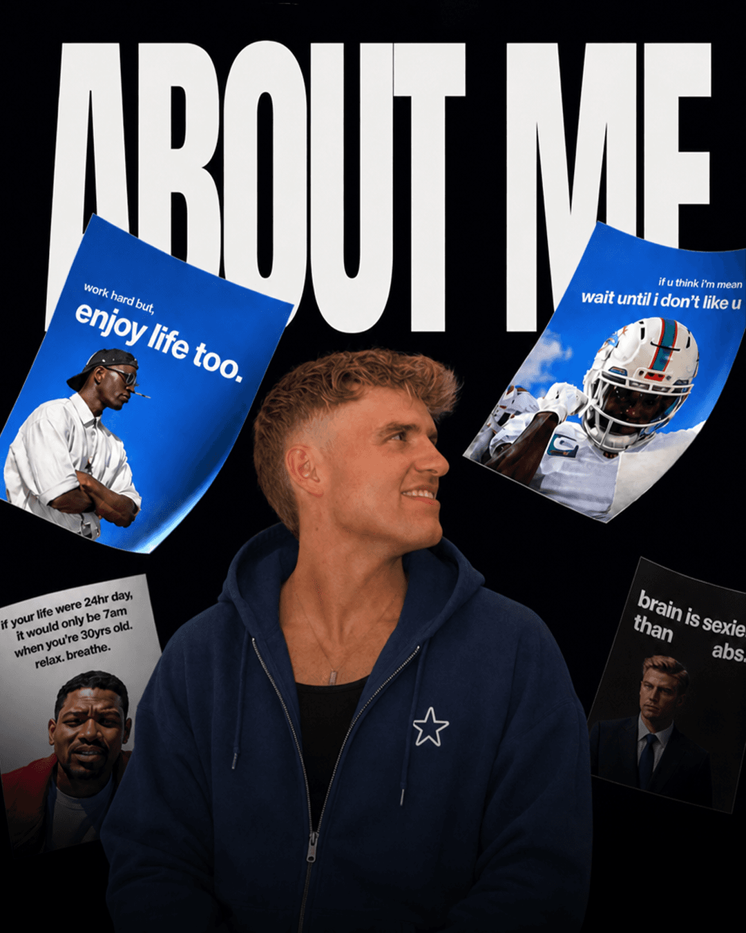 Richard Brunsch in a navy Elevenstoic hoodie surrounded by four creator posters